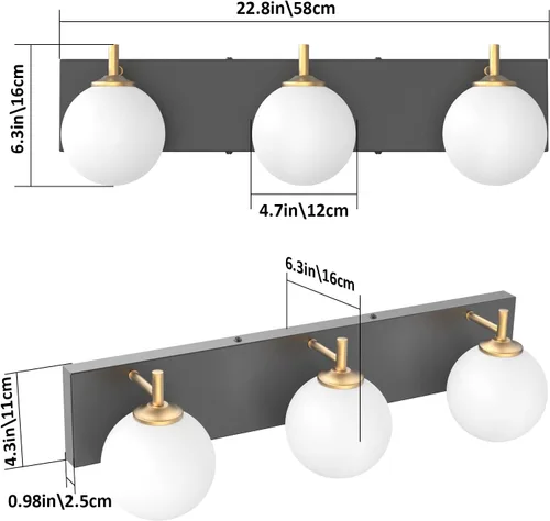Vista 7 de Aipsun Lámpara de tocador de baño moderna de mediados de siglo, 3 luces, pantallas de vidrio blanco lechoso, lámpara de baño negro/dorado
