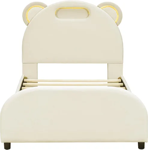 Vista 4 de Cama de plataforma tapizada de tamaño individual con cabecero en forma de oso y rayas de luz incrustadas, bonito marco de cama de plataforma