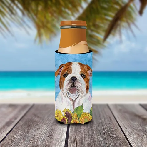 Vista 3 de Caroline's Treasures SS4117MUK Bulldog Inglés en verano Flores Ultra Hugger para latas delgadas puede enfriar la manga de la bebida lavable a
