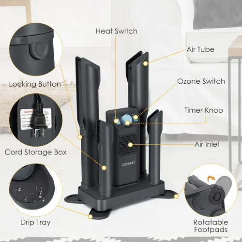 Vista 8 de COSTWAY Boot Dryer, Shoe Dryer with 180 Mins Timer & Heating Blower, Ozone Disinfection, Extendable Design
