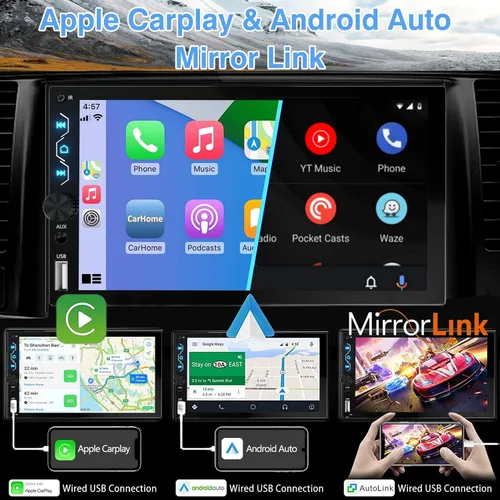 Vista 3 de Radio de coche con pantalla táctil de 7 pulgadas con Apple Carplay y Android Auto - Bluetooth, cámara de respaldo, enlace espejo, SWC