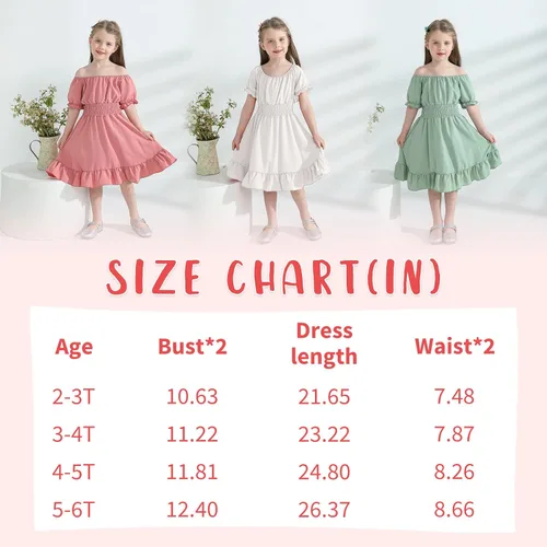 Vista 6 de YOUNGER TREE Vestido de fiesta para niña pequeña, con lazo en la espalda, manga corta, volantes, hombros descubiertos, vestido de fiesta casual