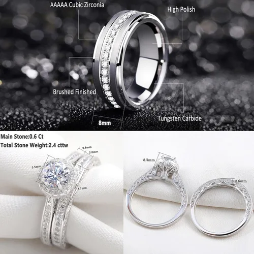 Vista 5 de Newshe Jewellery Juego de anillos de boda para él y para ella, bandas de tungsteno AAAAA, circonita redonda, 3 quilates, plata de ley 925