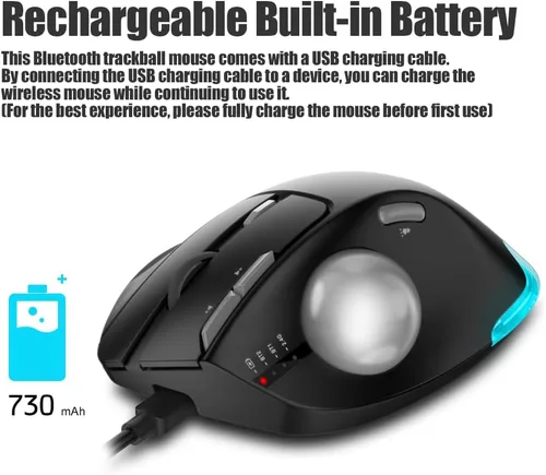 Vista 6 de zelotes Ratón de trackball, mouse Bluetooth inalámbrico recargable, 4800 DPI (5 niveles ajustables), modo dual (BT 5.0/3.0 + receptor USB 2.4G)