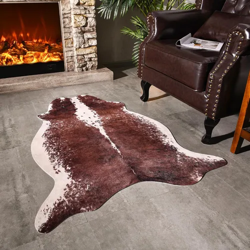 Vista 56 de Easycozy Alfombra de piel de vaca sintética con gran estampado de vaca, 3 x 4 pies, alfombra gruesa y elástica para dormitorio, sala de estar