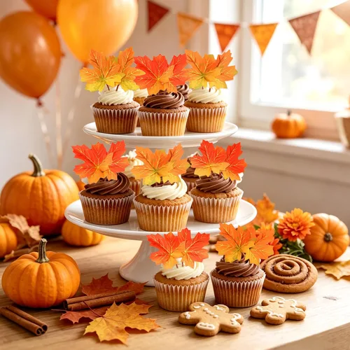 Vista 3 de Ercadio Paquete de 30 adornos para cupcakes con hojas de arce de otoño, purpurina dorada, hojas de arce de otoño, cosecha de otoño, temática de A-Oro
