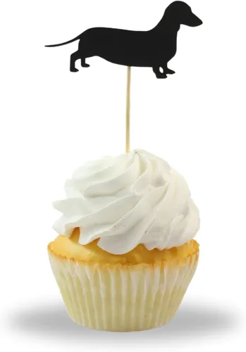 Vista 4 de Juego de 12 adornos para cupcakes de perro salchicha Weiner color negro, decoración de cumpleaños para mascotas