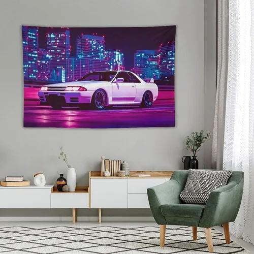 Vista 4 de PailailaiNest Arte de pared Jdm Car White R32 Neon City Night Scene Estética Tapiz colgante de pared para dormitorio, decoración de pared del hogar