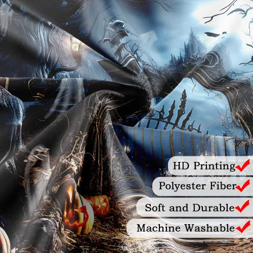 Vista 6 de Halloween Haunted Graveyard Shower Curtains, Horror Forest Shower Curtain for Bathroom, Scary Pumpkin Lantern Tombstone Skull Fabric Waterproof
