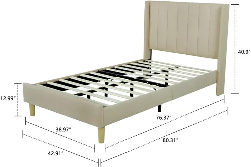 Vista 2 de Upholstered Bed Frame with Wingback Headboard and Wood Slats (Beige-Linen, Twin)