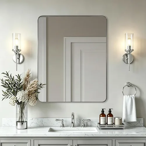 Vista 29 de ANDY STAR Espejo de pared cuadrado para baño, espejo de baño negro mate de 24 x 24 pulgadas, espejo de metal de esquina redondeada en marco de acero