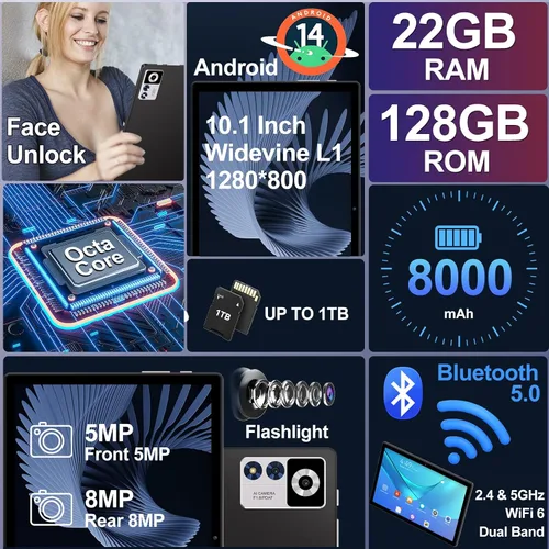 Vista 2 de ZIOVO Tablet Android de 22 GB de RAM, 128 GB de ROM de 1 TB, 10.1 pulgadas 8000 mAh Octa-Core Tablet con teclado y mouse, GPS, Widevine L1, pantalla