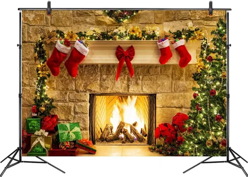 Vista 2 de LB Telones de fondo de chimenea de Navidad para fotografía de 5 x 3 pies, calcetines de árbol de Navidad, regalos de Año Nuevo, para niños