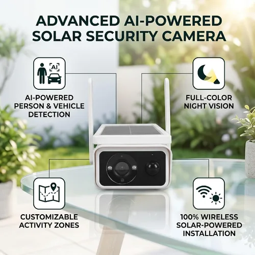 Vista 3 de Solar Security Camera Wireless Outdoor, 3MP 2.5K, AI Human & Vehicle Detection, 360 PTZ View, Color Night Vision, PIR Sensor