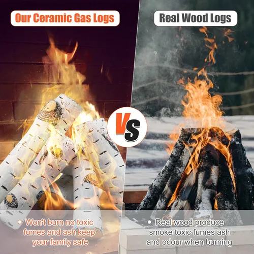 Vista 4 de Juego de troncos para chimenea de gas 2025, troncos de abedul blanco de cerámica para chimenea de gas, cuenco de fuego al aire libre, chimeneas