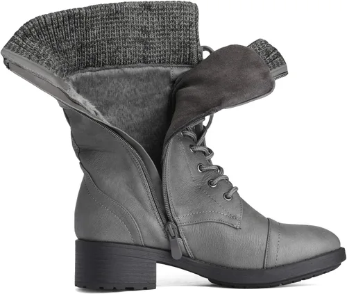 Vista 4 de DREAM PAIRS Botas militares de invierno con cordones a media pantorrilla para mujer