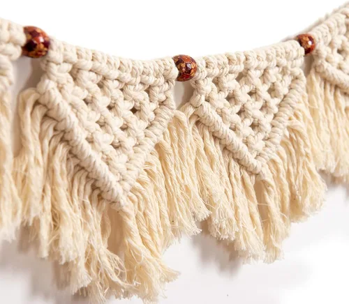 Vista 2 de Eiyye Paneles de flecos para colgar en la pared hechos a mano, guirnalda de pancarta, tapiz tejido de algodón, decoración de macramé bohemio