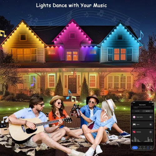 Vista 6 de Rosykite Luces de Navidad al Aire Libre - 50 pies de luces inteligentes RGB+IC para canalones con 63 escenas, impermeables IP67, control de voz