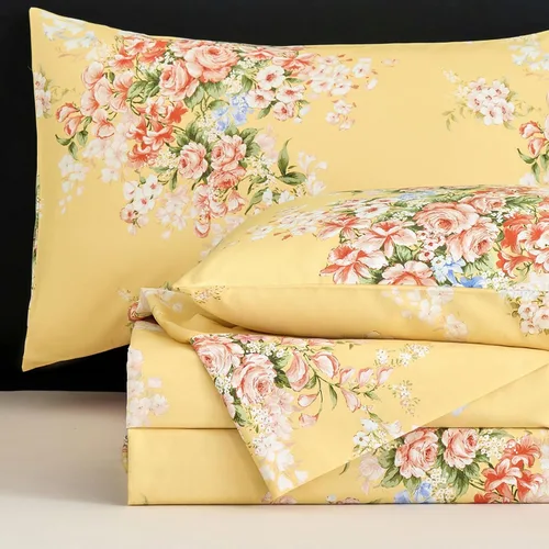 Vista 42 de Zusbest Juego de sábanas florales de 100 % algodón percal, color naranja y amarillo, juego de sábanas suaves y transpirables con diseño botánico