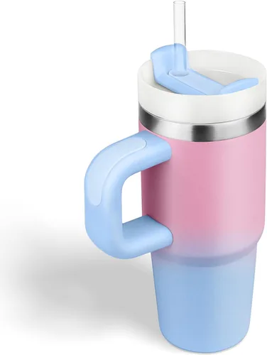 Vista 19 de Vaso de 14 oz con asa y pajita, vaso de 14 oz para niños con tapa y pajita, vasos de acero inoxidable para niños, para deportes al aire libre