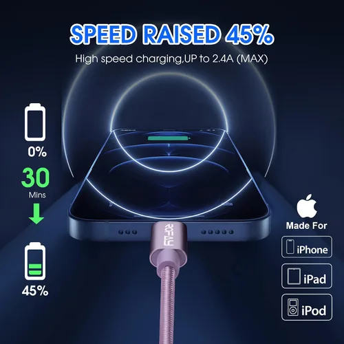 Vista 4 de ROFAY Cable de carga de iPhone de 2 pies [certificado MFI] de nailon trenzado de alta velocidad USB-A a Lightning de 2 pies compatible con iPhone 14