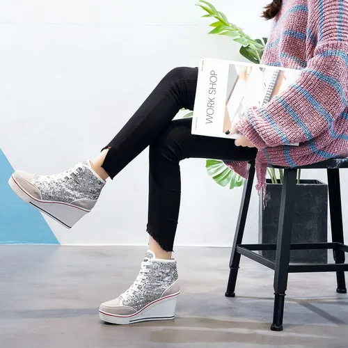 Vista 7 de Zapatos de lona de tacón alto para mujer, zapatos casuales de moda, tenis brillantes para caminar, plataforma, cuñas, zapatos de tacón