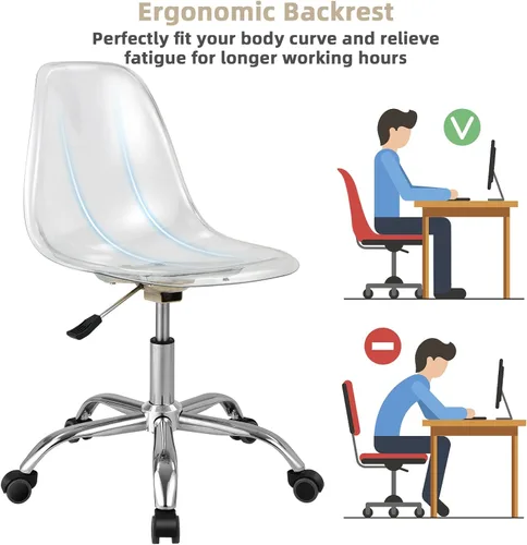 Vista 6 de Giantex Silla de escritorio de acrílico, silla enrollable de oficina transparente sin brazos, silla fantasma de ocio ajustable con base cromada