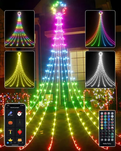 Vista 10 de Luces de decoración navideña para exteriores con estrella, pantalla inteligente de bricolaje personalizada de 100 modos, 3.6 m, cascada de árbol