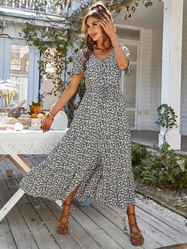 Vista 2 de PRETTYGARDEN Vestidos florales de verano para mujer, cuello en V, manga corta, vestido de sol fluido con abertura en línea A, vestido largo bohemio