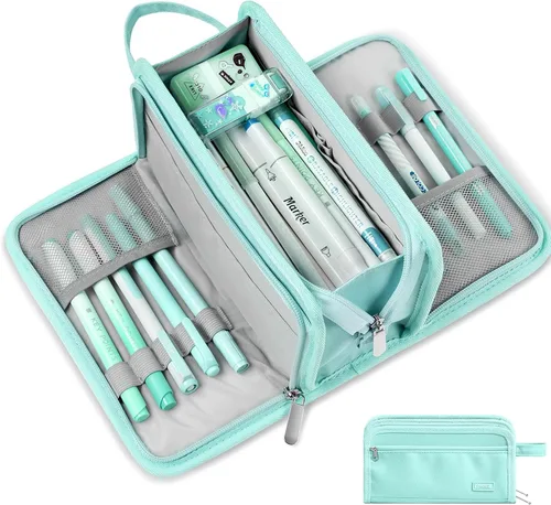 Vista 11 de Sooez Estuche grande para lápices, bolsa para lápices de gran capacidad con 3 compartimentos, organizador portátil de artículos de papelería de lona