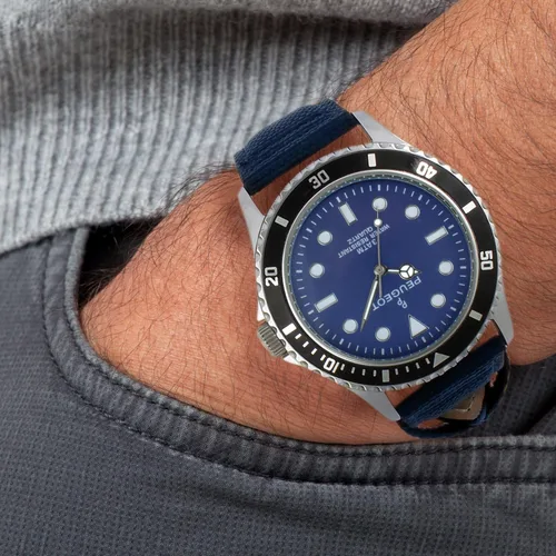 Vista 6 de Peugeot Reloj deportivo con bisel para hombre con correa de muñeca de lona negra