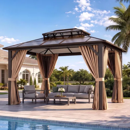 Vista 15 de Aoxun 10'x10' Outdoor Gazebo with Polycarbonate Roof Khaki Single Roof Caqui