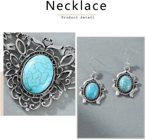 Vista 3 de Simsly Collar de turquesa barroco, collares de plata, cadena y aretes para mujeres y niñas, Cristal, Aleación.