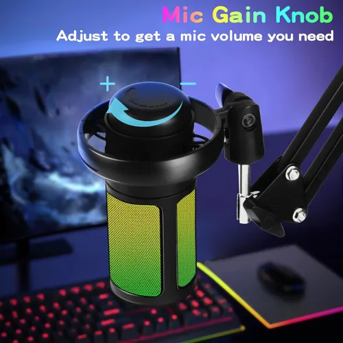 Vista 4 de KingSom - Micrófono USB para juegos, micrófono de condensador con cancelación de ruido con brazo articulado, micrófonos para podcast RGB