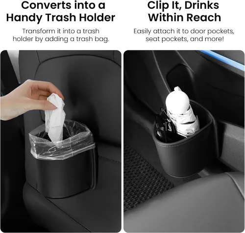 Vista 5 de Paquete de 2 portavasos con clip para la puerta del automóvil, organizador de asiento automotriz para bebidas extra, soporte para café, cuero