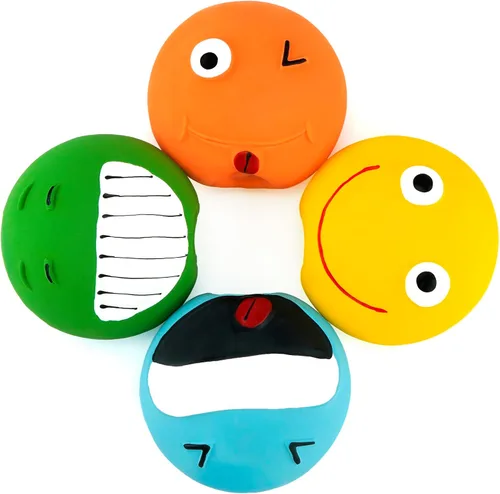 Vista 3 de CHIWAVA Paquete de 4 juguetes chirriantes de látex de 3.2 pulgadas para perros con cara sonriente, juego interactivo para perros pequeños