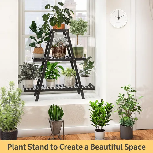 Vista 4 de Soporte de bambú para plantas interior/exterior, 3 niveles, negro, rectangular, 8 macetas para flores, estante para plantas