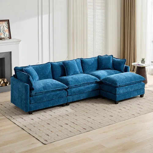 Vista 139 de Sofá seccional modular verde de 111.5", sofás seccionales grandes de 3 plazas para sala de estar, sofá nube oversized de tela chenille con otomana