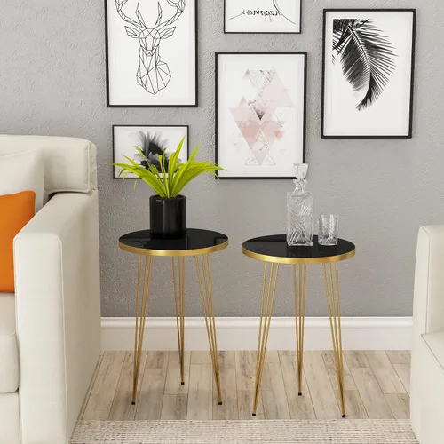 Vista 3 de Juego de 2 mesas auxiliares redondas de madera para sofá para espacios pequeños, mesita de noche con patas de metal para dormitorio, sala de estar