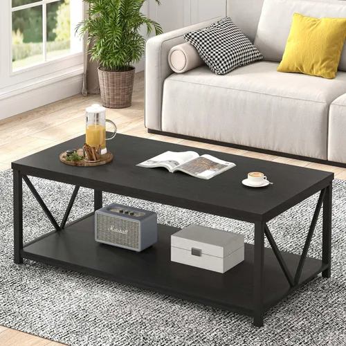 Vista 12 de EXCEFUR Mesa de centro pequeña, mesas modernas para sala de estar con estante de almacenamiento, mesa central rectangular de madera rústica, mesa