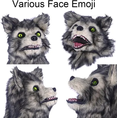 Vista 2 de Cosermart Máscara de lobo de zorro peludo, máscaras divertidas para perros, oso aterrador, mandíbula móvil realista, cabeza de animal de piel