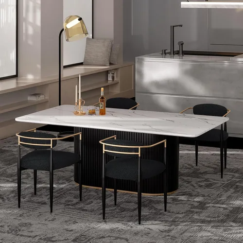 Vista 11 de Juego de mesa de comedor moderno Morden Fort para 4, mesa de cocina de 70" con tapa rectangular de mármol y base estriada negra, 4 sillas tapizadas