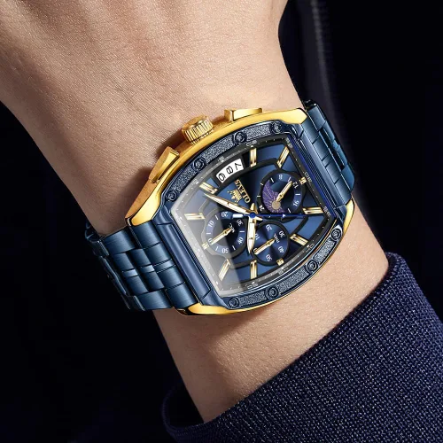 Vista 3 de OLEVS Relojes para Hombres Cronógrafo Impermeable Cara Rectangular Fase Lunar Correa de Acero Inoxidable Relojes de Vestir para Hombres Luminoso