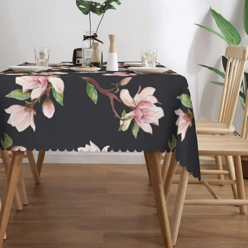 Vista 4 de Magnolia - Mantel rectangular floral, flores de magnolia blanca, 54 x 72 pulgadas, borde de encaje ondulado, mantel de poliéster para comedor