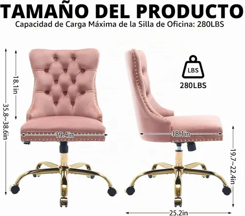Vista 3 de Silla de escritorio de oficina en casa de terciopelo rosa con ruedas y base dorada, cómoda silla de tocador para maquillaje con respaldo copetado