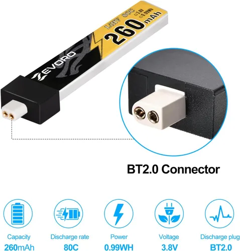 Vista 2 de 6pcs 260mAh 1S Lipo Batería 3.8V 80C LiHV Batería con BT2.0 Conector para FPV Tiny Whoop Drone Quadcopter