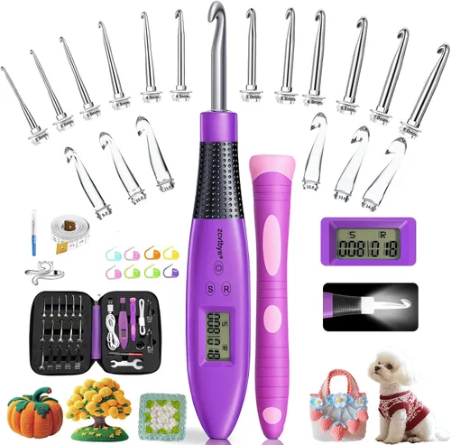 Vista 2 de Light up Crochet Hook Set, 22 Size Counting Crochet Hook with Stitch & Row Counter - Ergonomic for Arthritic Hands, Crochet Kit with 2 Levels