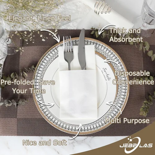 Vista 2 de JEBBLAS Paquete de 100 servilletas desechables de tela, bolsillo integrado para cubiertos, para bodas, fiestas, servilletas blancas, preplegadas
