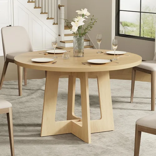 Vista 5 de Mesa de comedor redonda para 4, mesa de cocina de granja, mesa circular de madera, capacidad de 300 libras y fácil montaje para el hogar, comedor