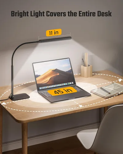 Vista 5 de SUPERDANNY - Lámpara de escritorio LED para el cuidado de los ojos con base de cuello de cisne flexible de 360°, lámpara de trabajo con control